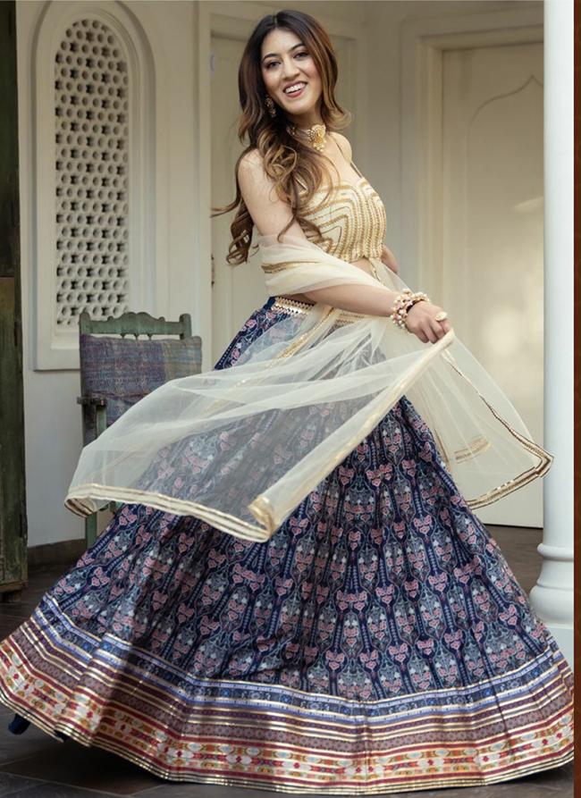 Organza Blue Party Wear Printed Lehenga Choli